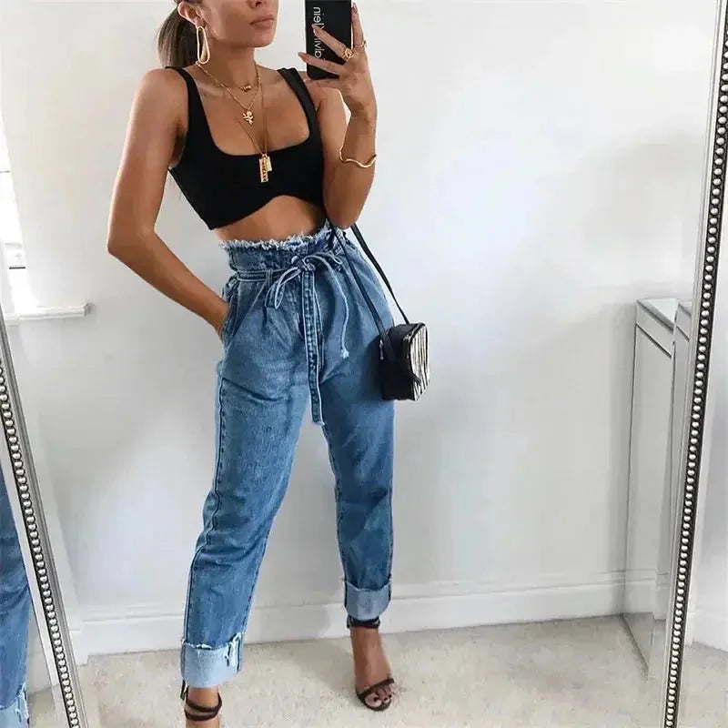 high-waisted denim jeans for women | plus size pencil pants | washed stretchy jeans | energy saving