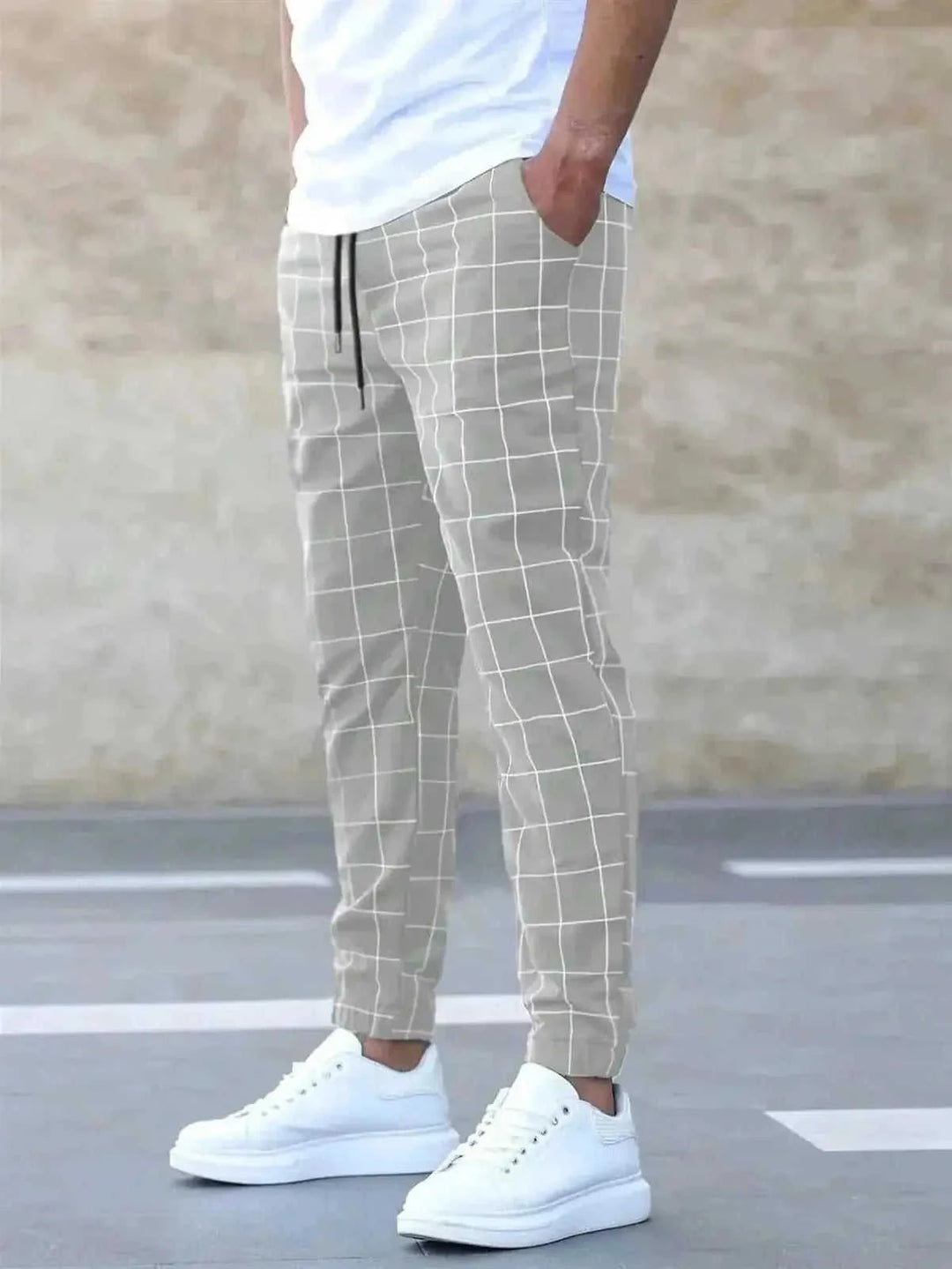 stretchable cotton blend fabric | adjustable drawstring waistband | relaxed fit trousers | energy saving