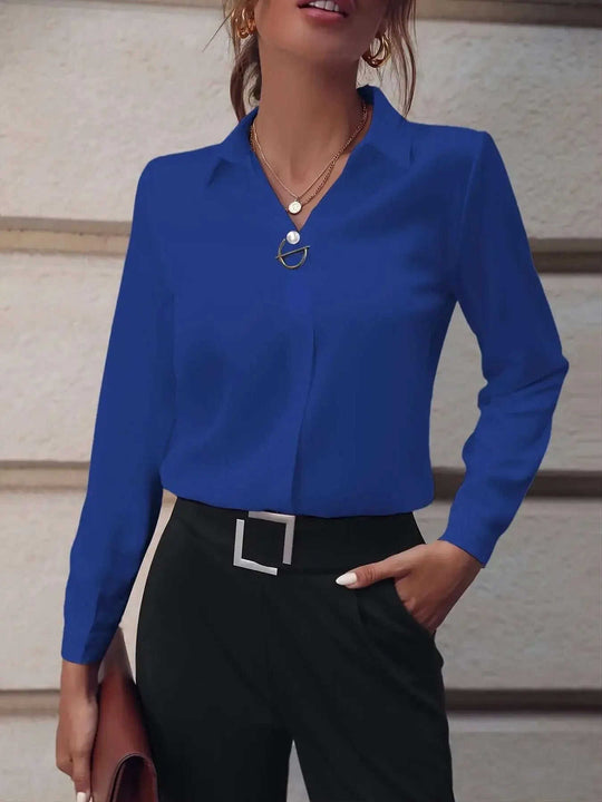 Commuter V-neck Long-sleeved Shirts Ins Fashion Solid Color Pullover Top Autumn And Spring Women's Clothing Meifu Market