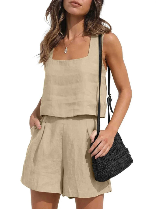 womens 2 piece suit set | square neck top and shorts set | summer lounge outfits | energy saving