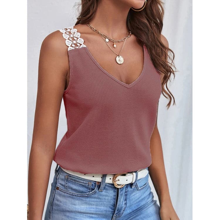 Waffle V-Neck Vest Sleeveless Lace Tank Shirt Tops Summer 