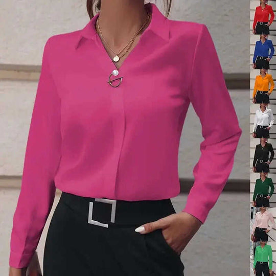 Commuter V-neck Long-sleeved Shirts Ins Fashion Solid Color Pullover Top Autumn And Spring Women's Clothing Meifu Market