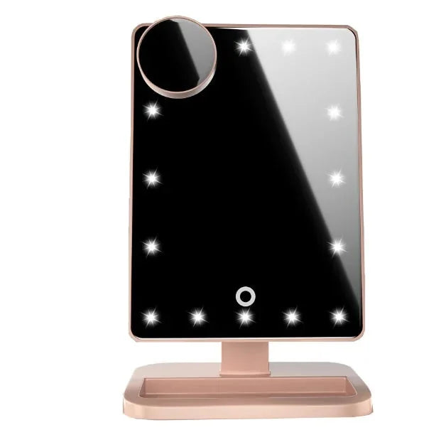 touch screen makeup mirror | 20 led lights adjustable brightness | 10x magnification mirror | ultrasonic cleaning