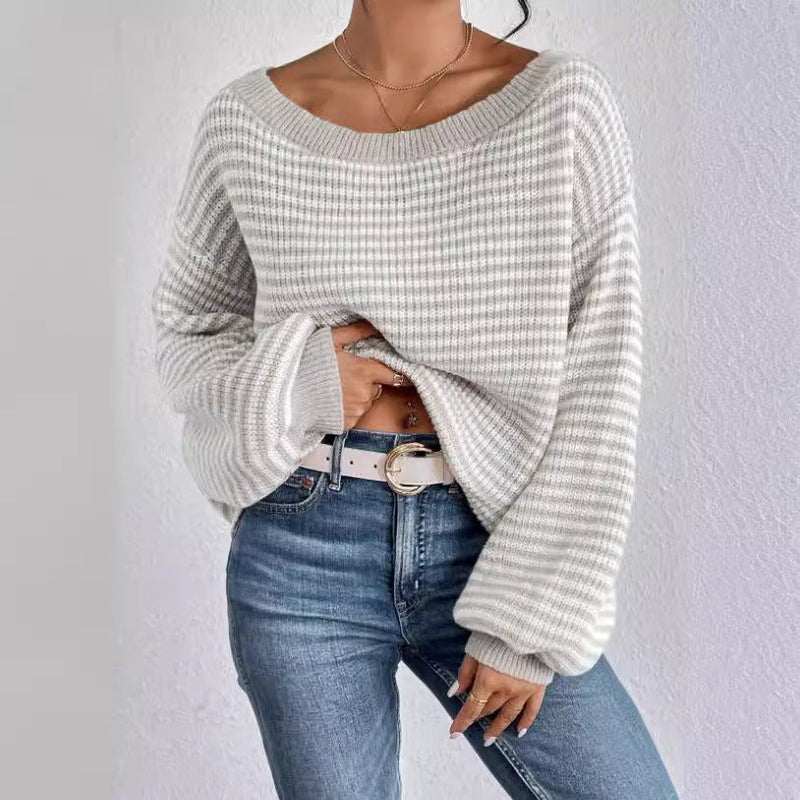 Women's Off-neck Shoulder-baring Sweater Contrast Color Meifu Market