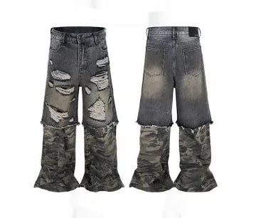 Camouflage Stitching Micro-pull Wide Leg Ripped Ripped Jeans