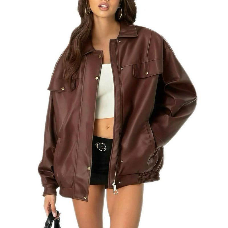 Women's Leather Jacket Loose Long Sleeve Lapel Motorcycle Jacket Meifu Market