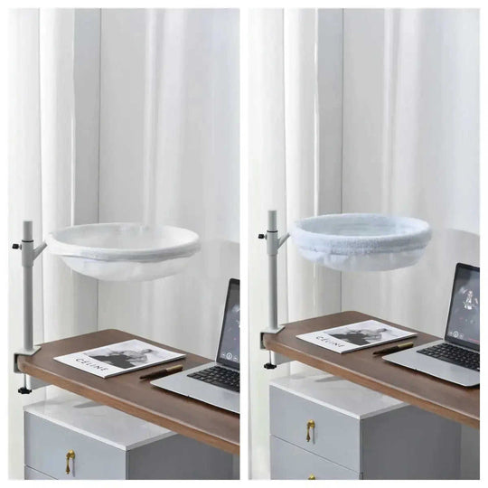 Household Non-occupied Desktop Suspended Cat Bed Black - angle view with cat window perch vs desktop suspended bed features