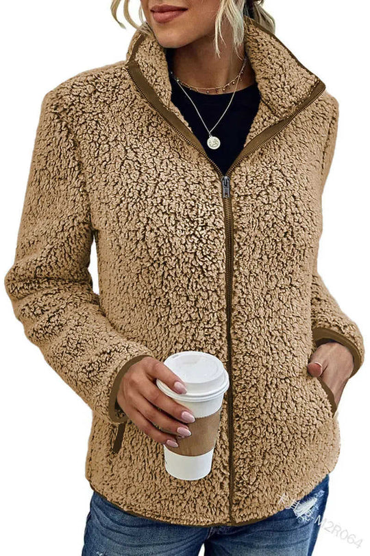 Fall Winter Warm Sweatshirt Stand Collar Solid Color Top Sweater Women's Casual Fashion Long Sleeve Zipper Bubble Velvet Coat Tops Meifu Market
