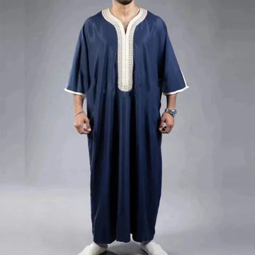 mid-sleeve arabic robe | embroidered navy blue thobe | cotton blend mens robe | ultrasonic cleaning