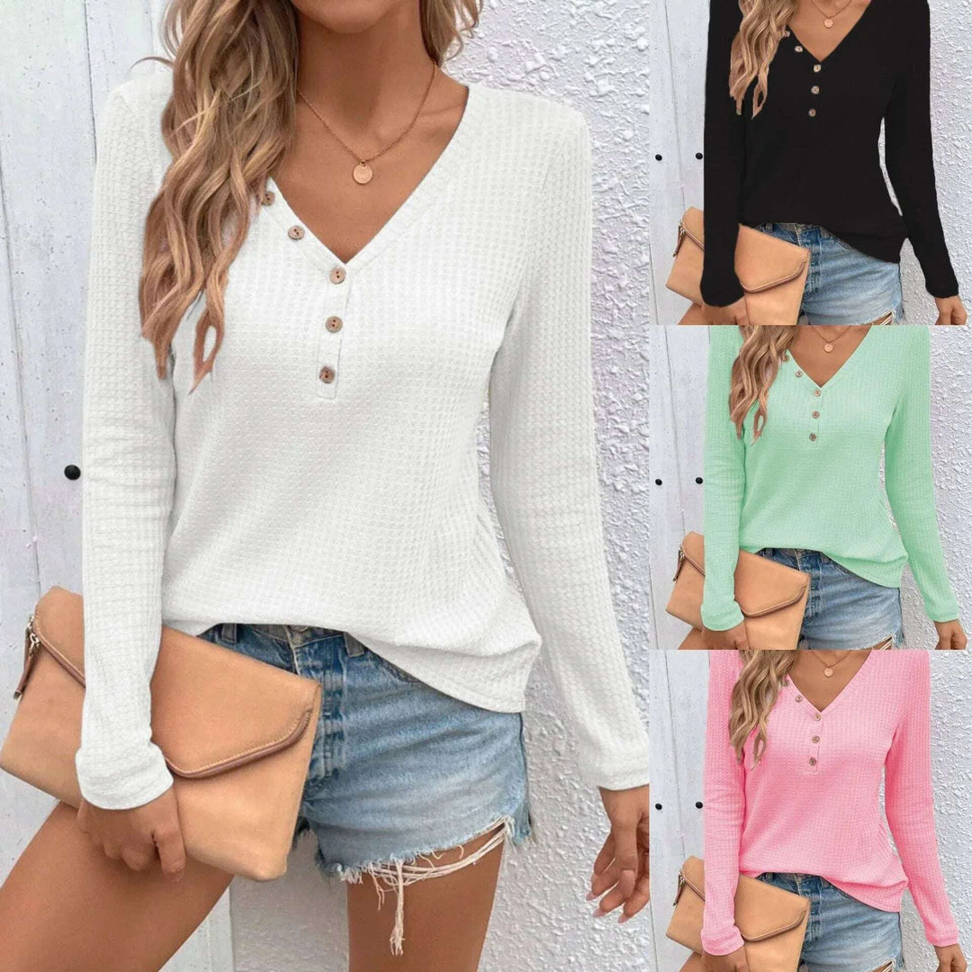 Waffle V-neck Buttons Long Sleeve T-shirt Meifu Market
