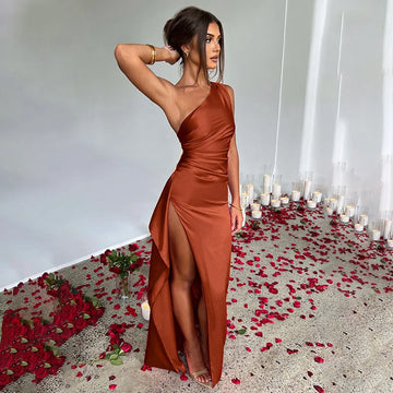 sexy one-shoulder dress | backless slit dress | summer satin dress | ultrasonic cleaning
