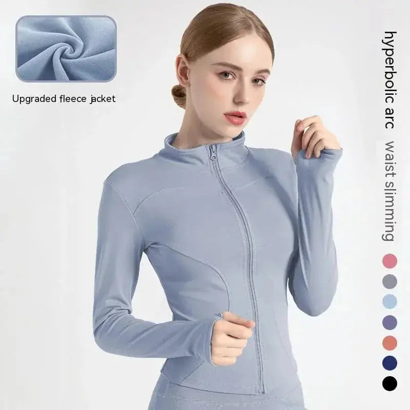 quick-dry fabric | slim-fit yoga jacket | moisture-wicking material | ultrasonic cleaning