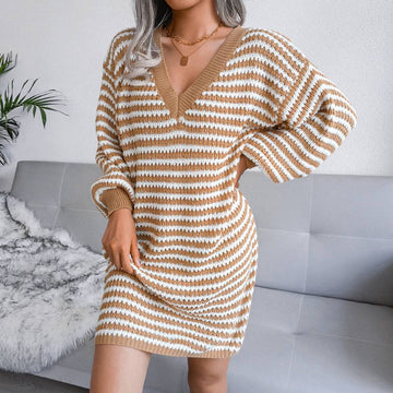 Ins Striped Sweater Dress V-neck Long Sleeve Dresses For Women Meifu Market