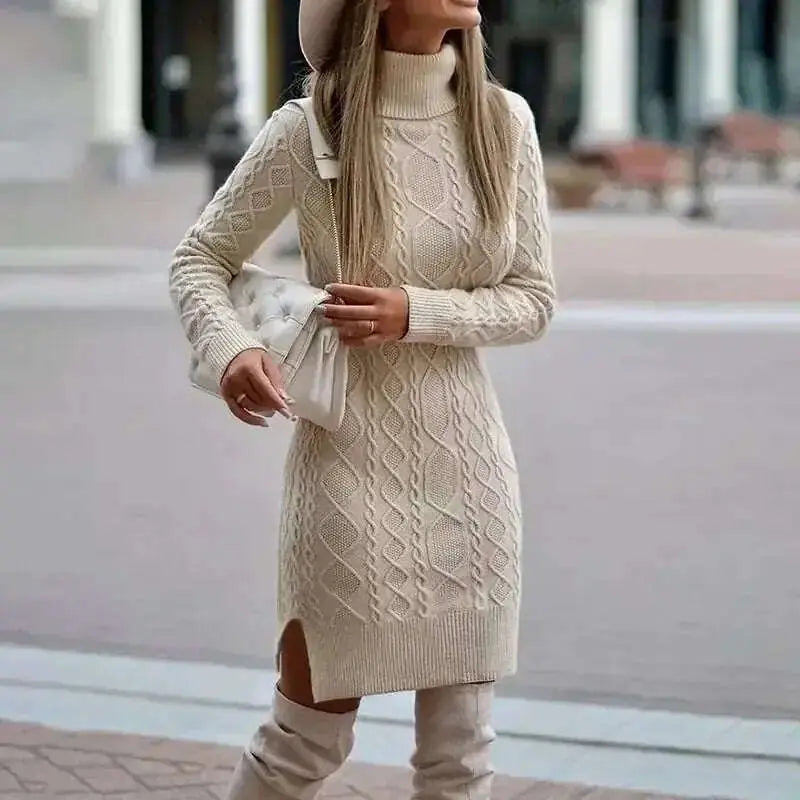 Fashion Turtleneck Knitted Dress With Slit Design Winter Warm Solid Color Pullover Long Sweater Women's Clothing Meifu Market
