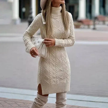 Fashion Turtleneck Knitted Dress With Slit Design Winter Warm Solid Color Pullover Long Sweater Women's Clothing Meifu Market