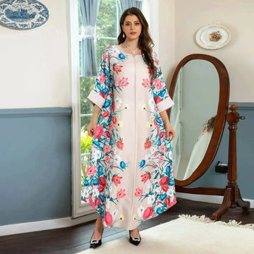 rhinestone print maxi dress | long sleeve positioning print robe | polyester chiffon muslim dress | energy saving