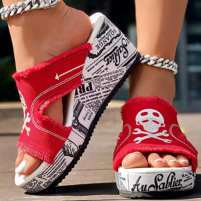 Newspaper Skull Original Hem Platform Wedge Slides - Anklet Not Included Meifu Market