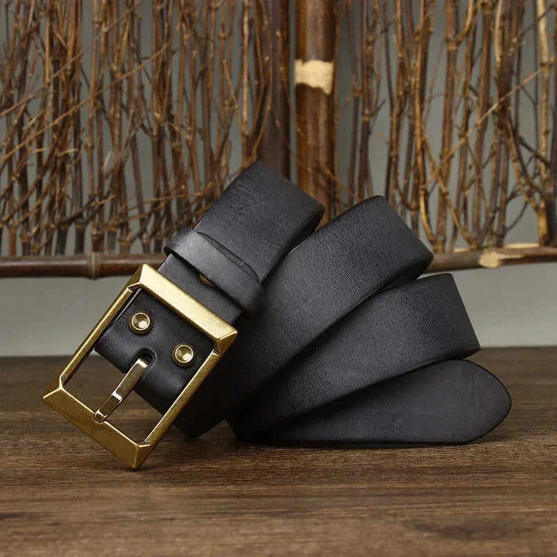 thick full-grain cowhide belt | solid brass roller buckle | heavy-duty leather belt | ultrasonic cleaning