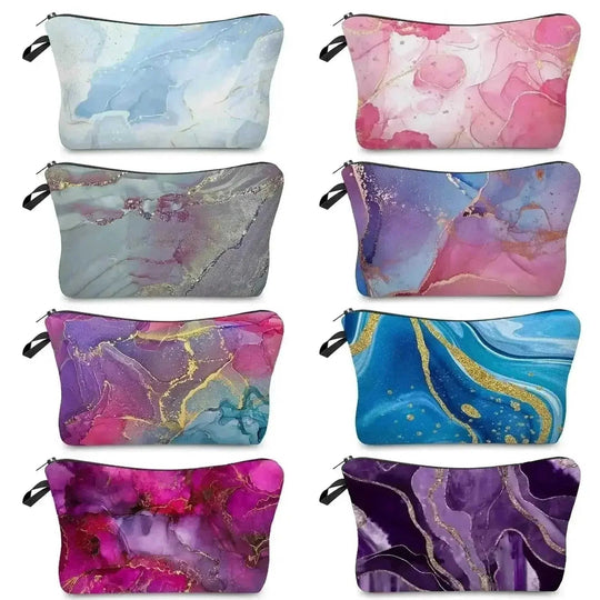 marble pattern makeup bag | vegan leather cosmetic organizer | waterproof cosmetic pouch | ultrasonic cleaning