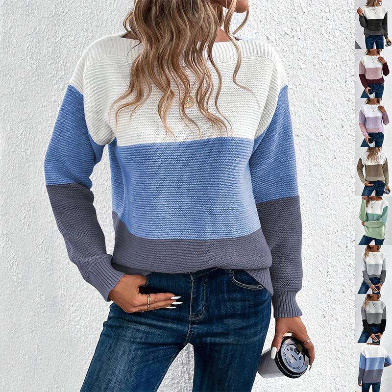 Pullover Knitted Sweater Fashion Round Neck Splicing Knitwear Loose Top Women's Clothing Meifu Market