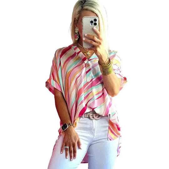 color blocking half sleeve top | polyester cotton blend | breathable fabric | energy saving