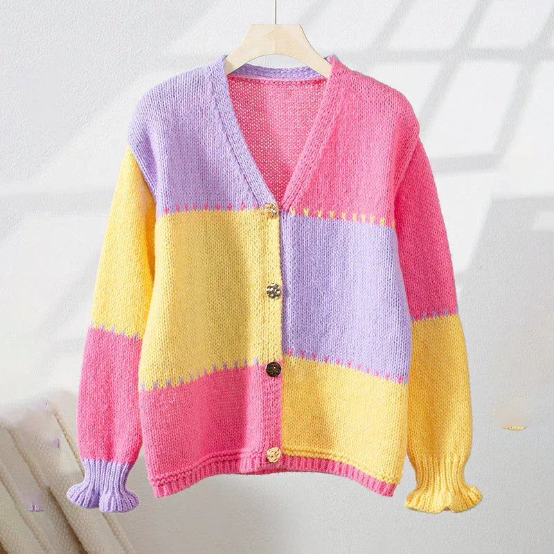 Women's Color Block V Neck Button Front Knit Cardigan Sweater Outerwear Meifu Market