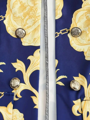 2025 New Women's Elegant High-end Printed, Chain Printed Slim Fit Suit Jacket And Pure Blue Leggings, Suit Two-piece Set, Machine Washable, All Season Fashionable Meifu Market