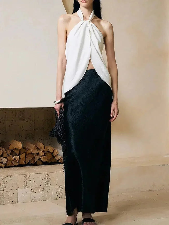 halter neck tank top | ribbed knit fabric | stretchy cotton blend | ultrasonic cleaning