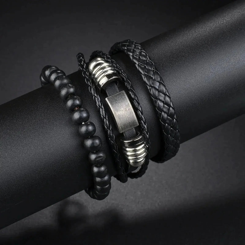 braided leather bracelet for men | vintage charm wood beads | adjustable wrap wristband | energy saving