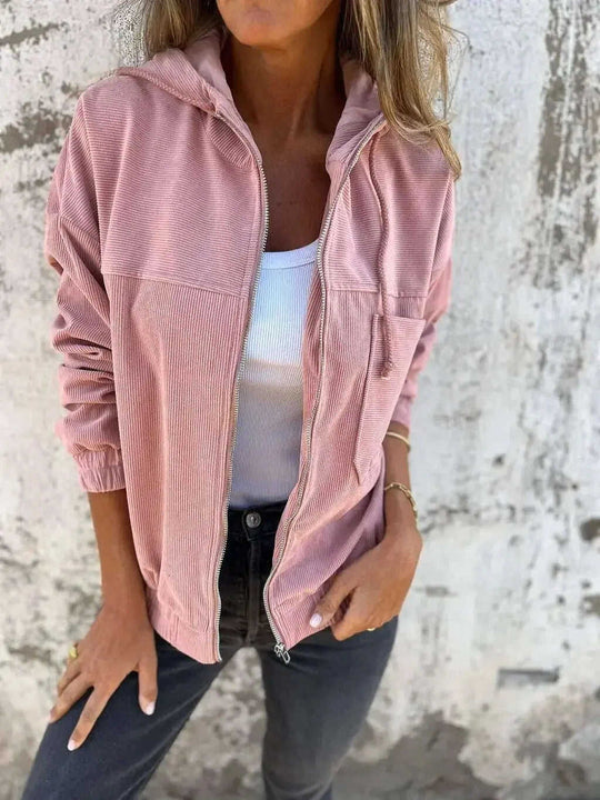 Corduroy Hooded Zip-up Jacket With Pockets Fashion Casual Drawstring Tops Outerwear Women's Clothing Meifu Market