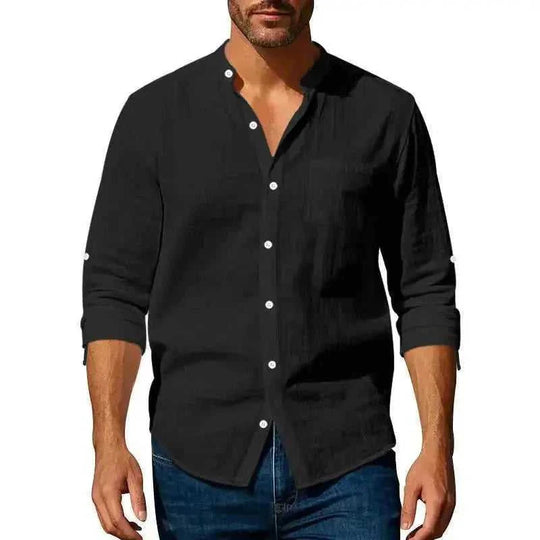 long sleeve stand collar shirt | mens casual shirt with pockets | cotton linen blend shirt | energy saving