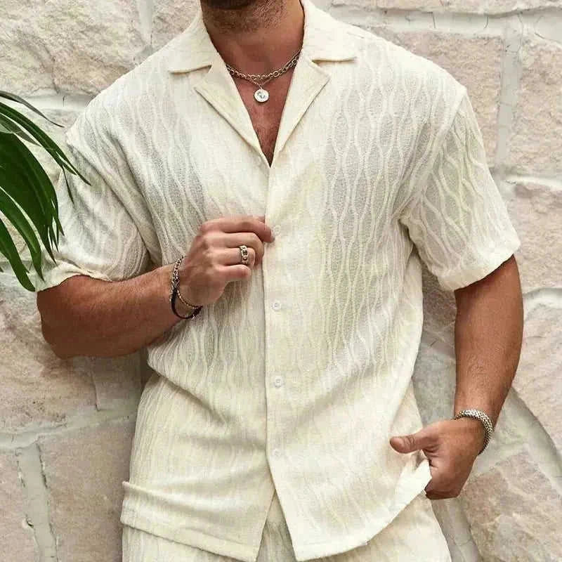 mens summer tracksuit set | loose fit casual two piece outfit | lapel button shirt and shorts set | energy saving