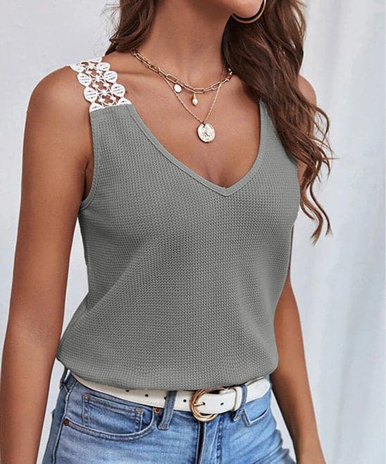 Waffle V-Neck Vest Sleeveless Lace Tank Shirt Tops Summer 