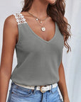 Waffle V-Neck Vest Sleeveless Lace Tank Shirt Tops Summer 