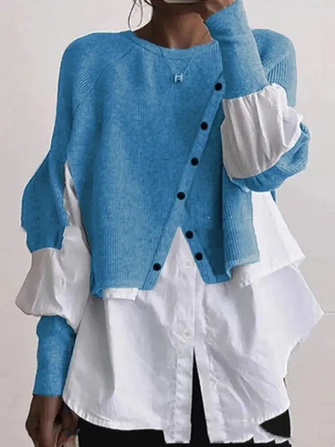 Crew Neck Long Sleeve Knitted Multi-color Patchwork White Shirt Women's Meifu Market