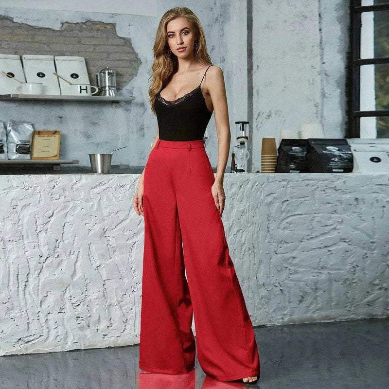 high-waisted wide leg pants | loose fit trousers for women | vibrant color palazzo pants | ultrasonic cleaning