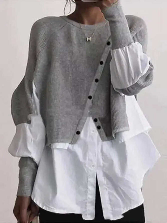 Crew Neck Long Sleeve Knitted Multi-color Patchwork White Shirt Women's Meifu Market