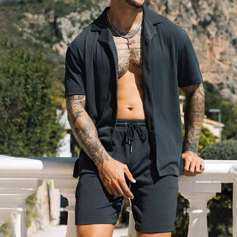 quick-dry fabric shorts set | linen blend summer suit | mens matching shirt shorts set | energy saving