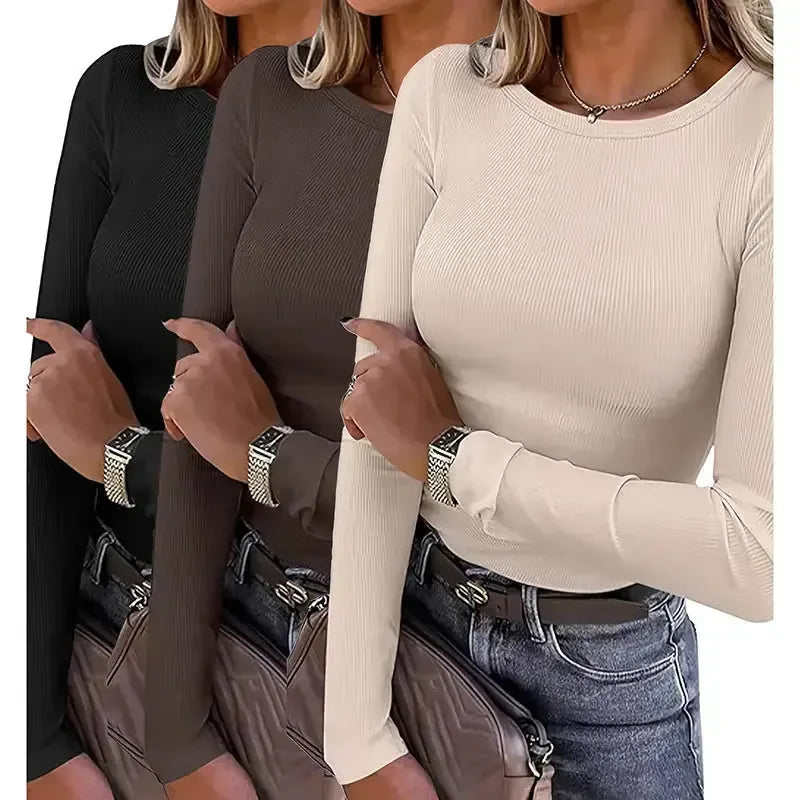 3 Pack Women's Long Sleeve Shirts, Crew Neck Ribbed Tops Slim Fit Casual Knit Tees Stretch Basic T Shirts Meifu Market