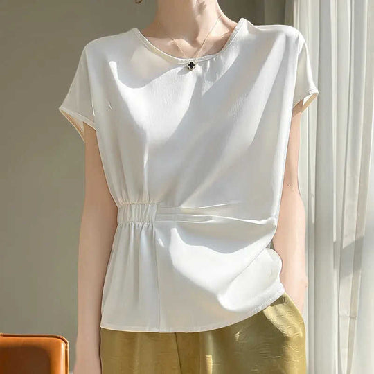 Crew-neck Simple All-match Drawstring Short-length Short-sleeve T-shirt M - available style options