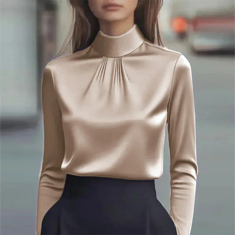 Women's Solid Color Long Sleeve Turtleneck Shirt, Pleated Detail Blouse For Office Wear And Formal Occasions Meifu Market
