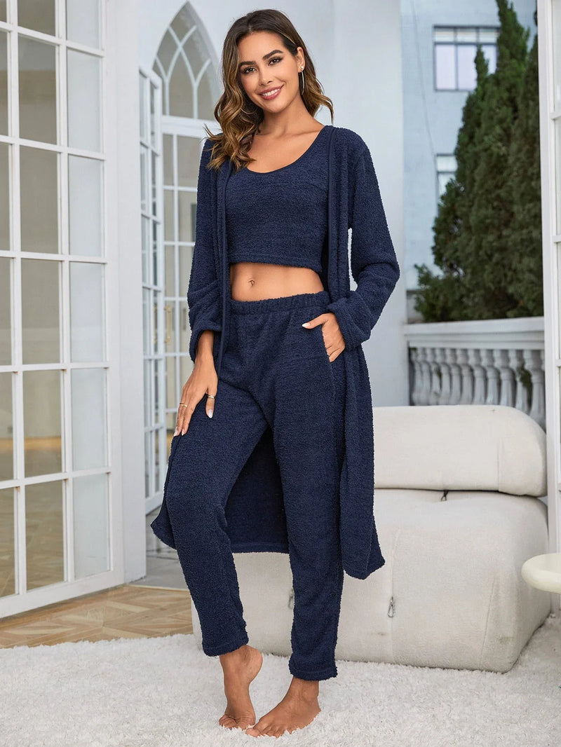 Women's Fuzzy 3 Piece Sweatsuit Open Front Cardigan Crop Tank Tops Wide Legs Pants Lounge Sets Meifu Market