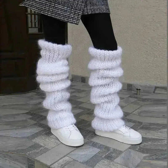 Autumn And Winter New Solid Color Mohair Long Tube Pile Style Foot Women's Fashion Casual Knitted Bunching Socks Khaki - l...