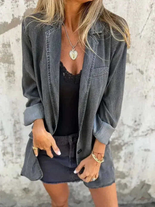 Lapel Shirt Jacket Ins Fashion Solid Color Long-sleeved Denim Top Autumn And Spring Casual Daily Streetwear Women's Clothing Meifu Market