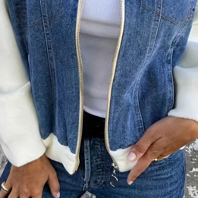 Women's Denim Patchwork Zip-Up Jacket - Stand Collar Casual Coat Fall Winter Meifu Market