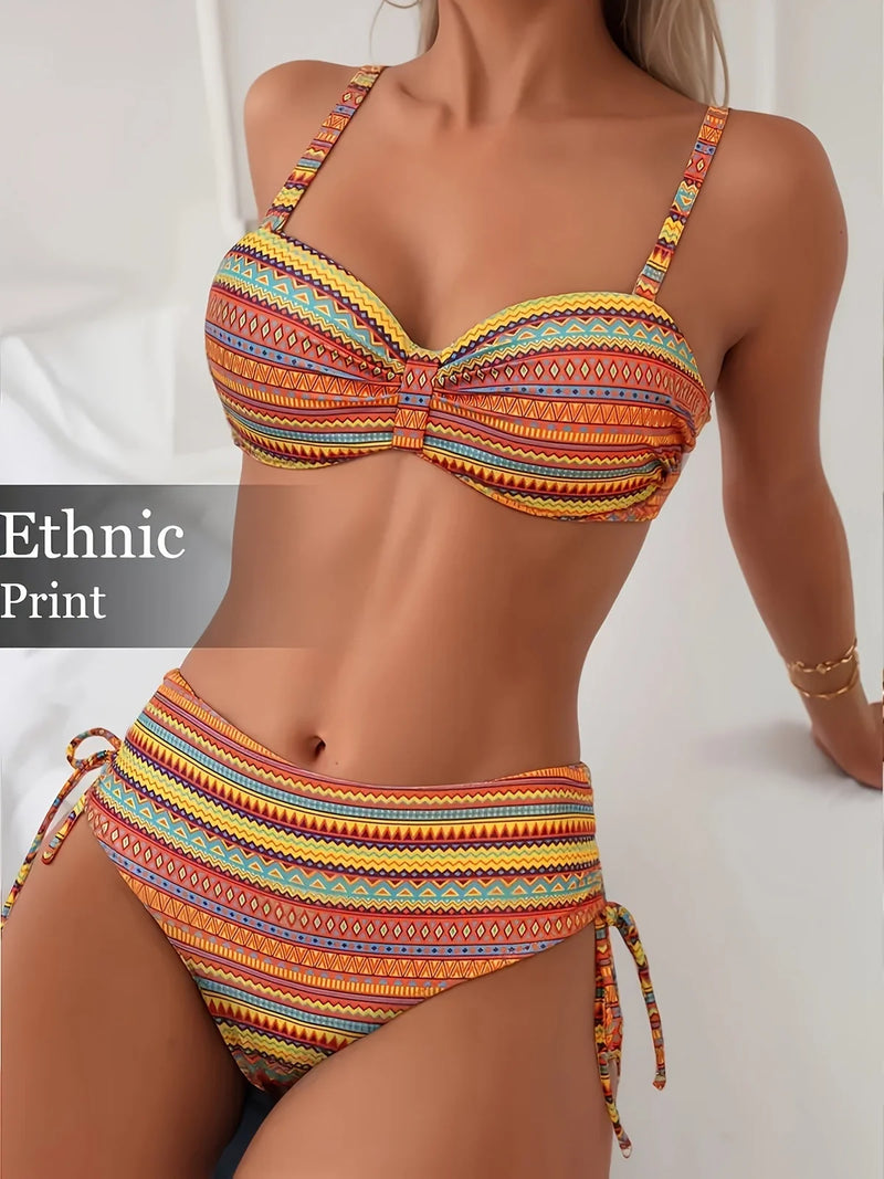high-waisted bikini set | printed split strap swimwear | european style bikini | ultrasonic cleaning