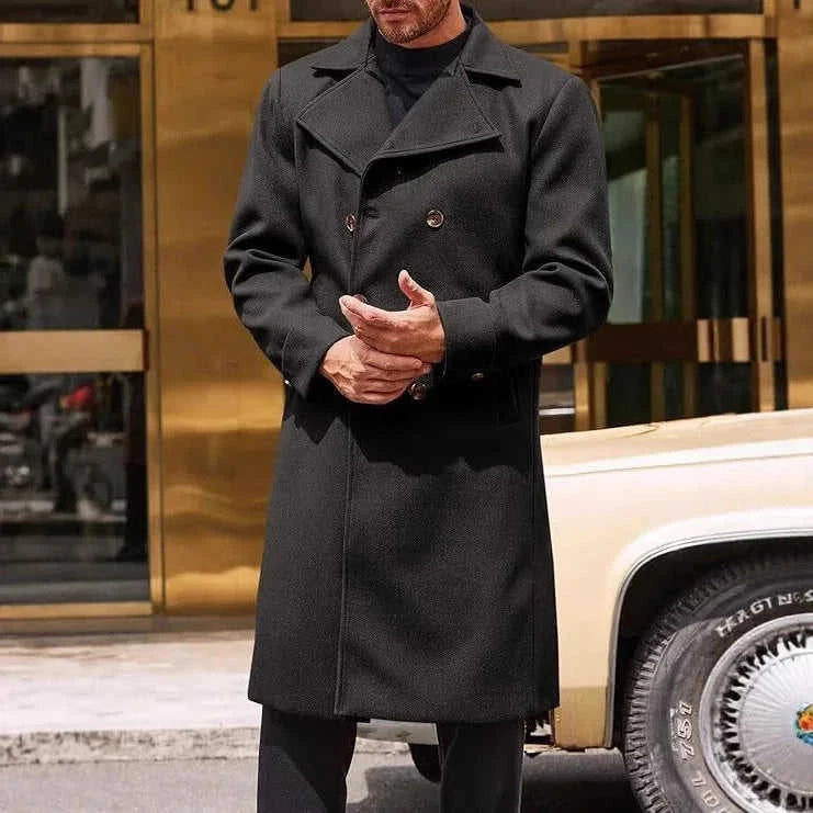 heavy wool blend coat | double-breasted trench coat | mens winter overcoat | energy saving