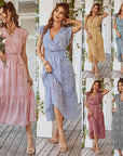 Summer Dresses Ruffle Cap Sleeve V Neck Belt Wrap Split Boho Floral Long Casual Party Beach Dress