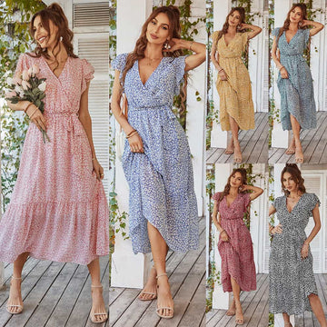 Summer Dresses Ruffle Cap Sleeve V Neck Belt Wrap Split Boho Floral Long Casual Party Beach Dress 