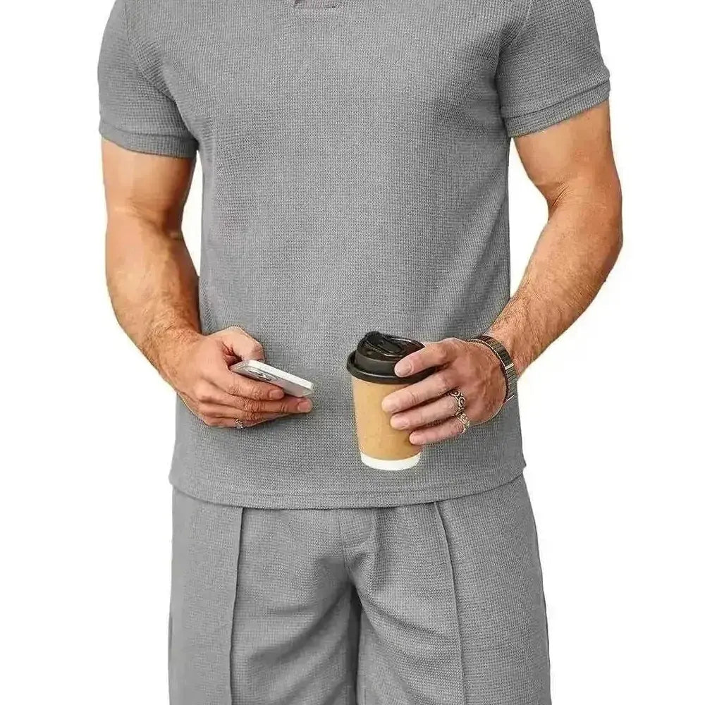 2pcs Set Men V Neck Polo Shirt Lapel Short Sleeve Men's Suit Waffle Style Casual Fashion T-Shirt Summer - view 8...